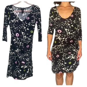 BCBG Paris Black Floral Print V Neck Ruched Midi Dress Women's Size Small